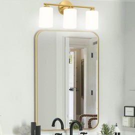 Gold Bathroom Light Fixtures,Gold Bathroom Light Over Mirror,3-Light Brass Gold Vanity Lights with Frosted Glass Shade,Brushed Gold Wall Sconce,Mid-Century Modern Bathroom Vanity Lighting