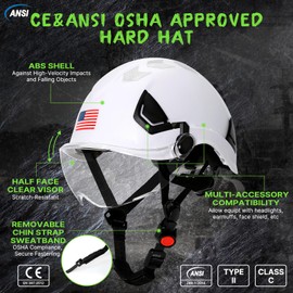 Aolamegs Aolamegs Type 2 OSHA Approved Hard Hats With Visor - Type II Class C Hard Hat with Chin Strap, Vented Safety Construction Helmet Hard Hat,6 Point Suspension EPS Foam Liner Hard Hats Work for Men,White