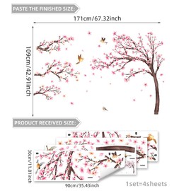 Large Cherry Blossom Tree Wall Stickers Pink Flower Tree Wall Decals for Girls Kids Bedroom Nursery Living Room TV Wall Decor
