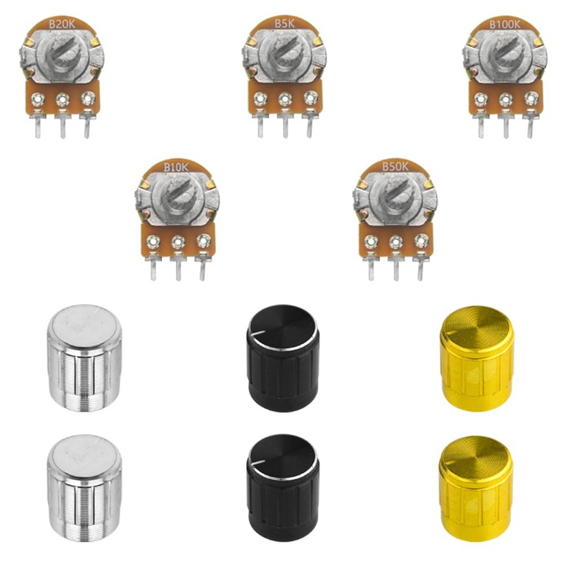 WMYCONGCONG 20個セット B5K B10K B20K B50K B100K ロータリーポテンショメー ローレットシャフトリニア 合金ノブ付き