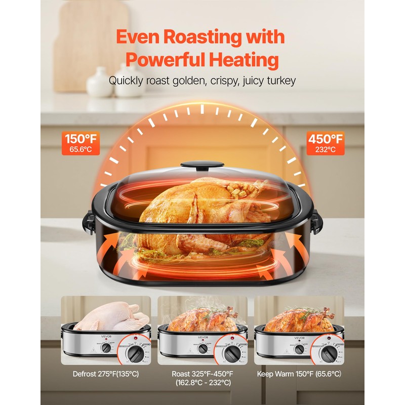 VEVOR Roaster Oven, 14QT Fast-Cooking Turkey Roaster, 150-450℉ Adjustable Temperature