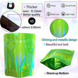 YINGZON 100 Pack Premium Smell Proof Mylar Bags, Resealable Food Storage Bags with Double-sided Holographic Printing, 4" x 6" Aluminum Foil Stand-up Packaging Bags. (Light Green)
