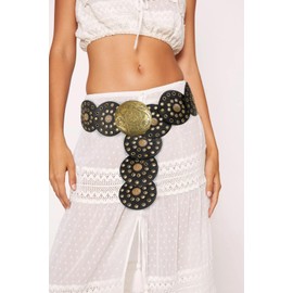 Putcuku Wide Disc Belts for Women Vintage Western Waist Belt Concho Leather Disk Belt Boho Belt (Black-XL)