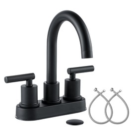VXV Bathroom Sink Faucet 4 Inch 2 Handle Centerset Utility Lavatory Vanity Modern 360 Rotating Black Water Faucet with Pop-up Drain Stopper Assembly and Supply Lines Fits 2 Hole