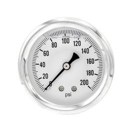 PIC Gauges S202L-254G Center Back Mount Glycerine Filled Single Scale Pressure Gauge w/ SS Case/Bezel, Brass Internals, PC Lens, 2.5" Dial, 0/200 psi Range, 1/4" Male NPT