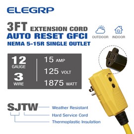 ELEGRP 15 Amp 3ft Auto Reset GFCI Extension Cord 12/3 SJTW Heavy Duty Yellow Pigtail Cable 3 Wires 3 Prongs Grounded Plug with Single Electrical Power Outlet, UL Listed