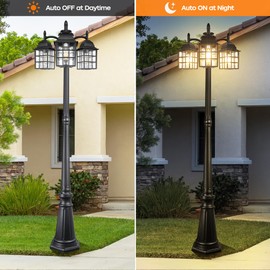 PARTPHONER Dusk to Dawn Outdoor Lamp Post Lights, Aluminum Black Light Pole Water Ripple Glass Shades, 3-Head Hardwired Waterproof Outside Street Lights for Backyard Garden (3 LED Bulbs Included)
