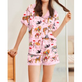 Ekouaer Womens Silk Satin Pajamas Set Animals Print Pjs Button Down Short Sleeve Lounge Set 2 Piece Sleepwear Swan S