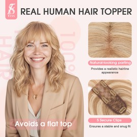 TESS Real Hair Toppers for Women Handmade Lace Base Womens Clip In Hairpieces with Bangs 5 Clips Natural Coverage Soft and Secure 2×6", Brown to Platinum Blonde