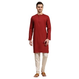 SKAVIJ Men's Pure Cotton Solid Kurta Pajama Set Round Neck Daily Wear Casual Yoga Dress (KP096red_Red_L)