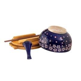 Hinomaru Collection Japanese Kamameshi Style Rice Noodle Bowl with Bamboo Lid Trivet Chopsticks and Porcelain Spoon Bowl Set (Cherry Blossoms)