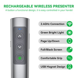 Metallic Presentation Clicker Presenter Remote - Rechargeable Wireless Presenter with Green Laser Pointer, 2 in 1 USB Clicker for PowerPoint & Google Slides, Compatible with MacBook/PC
