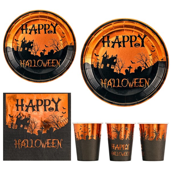 Crisky 24 Guests 96 Pcs Happy Halloween Napkins Plates Cups Set for Halloween Dinner Party Decorations Orange Gold Foil Halloween Party Supplies (9" Plates,7" Plates, Luncheon Napkins, 9oz Cups)