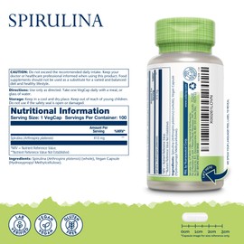 Spirulina Algae - 100 Vegan Capsules not Tablets or Powder - High Strength Spirulina Supplement with Added Vitamin A 70mcg - Lab Verified - Solaray