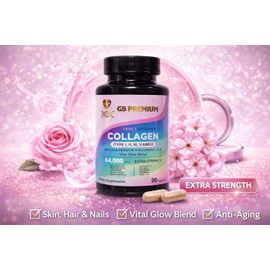 GB Premium Collagen 14 in 1 Complex Capsules, Type I II III V & X, Bovine & Marine Collagen Peptides with Biotin, Vitamin C, Hyaluronic Acid & Keratin, 90 Capsules