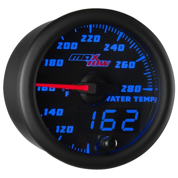 MaxTow Double Vision 280 F Water Coolant Temperature Gauge Kit - Includes Electronic Sensor - Black Gauge Face - Blue LED Illuminated Dial - Analog & Digital Readouts - for Trucks - 2-1/16" 52mm