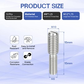 HiPicco M8x15mm to M12x15mm Double End Threaded Stud Screw Reducing Bolt,304 Stainless Steel Thread Reducer Adapter for Furniture Fastener Welding, Hardware Connectors 12 Pack