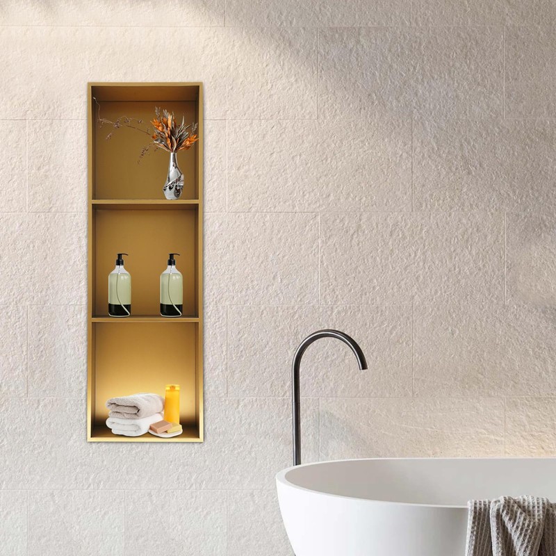 BIXIBIN 3-Tier Recessed Bathroom Shower Shelf in Titanium Gold, Stainless