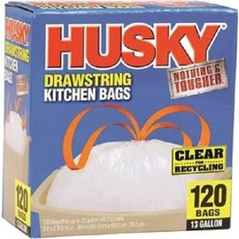 Poly-America (120-Count ) Husky 13 Gallon Nothing's Tougher Drawstring Clear Kitchen Bags .8 Mil. Thickness One-by-One Dispensing (HK13DS120C)