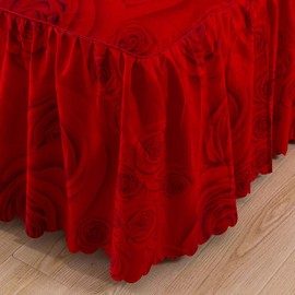 Zhiyuan California King Size Bed Skirt Set Rose Ruffle Bed Sheet Red Bedspread and 2 Pillow Shams