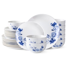 LERATIO Ceramic Dinnerware Sets for 8,Blue and White Plates and Bowls Set,Highly Chip and Crack Resistant | Dishwasher & Oven & Microwave Safe | Round Dishes Set Service for 8(24pc) - Peony