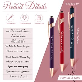 Kosiz 30 Pcs Inspirational Pens Bulk Motivational Quotes Ballpoint Ink Pen with Stylus Tip Motivational Affirmation Pen Set Employees Gift for Christmas Student Teacher Coworkers
