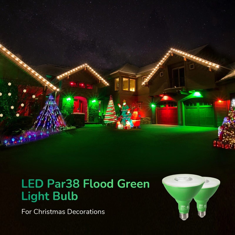 EDISHINE PAR38 Dimmable Green Flood Light Bulbs ChristmasDecor
