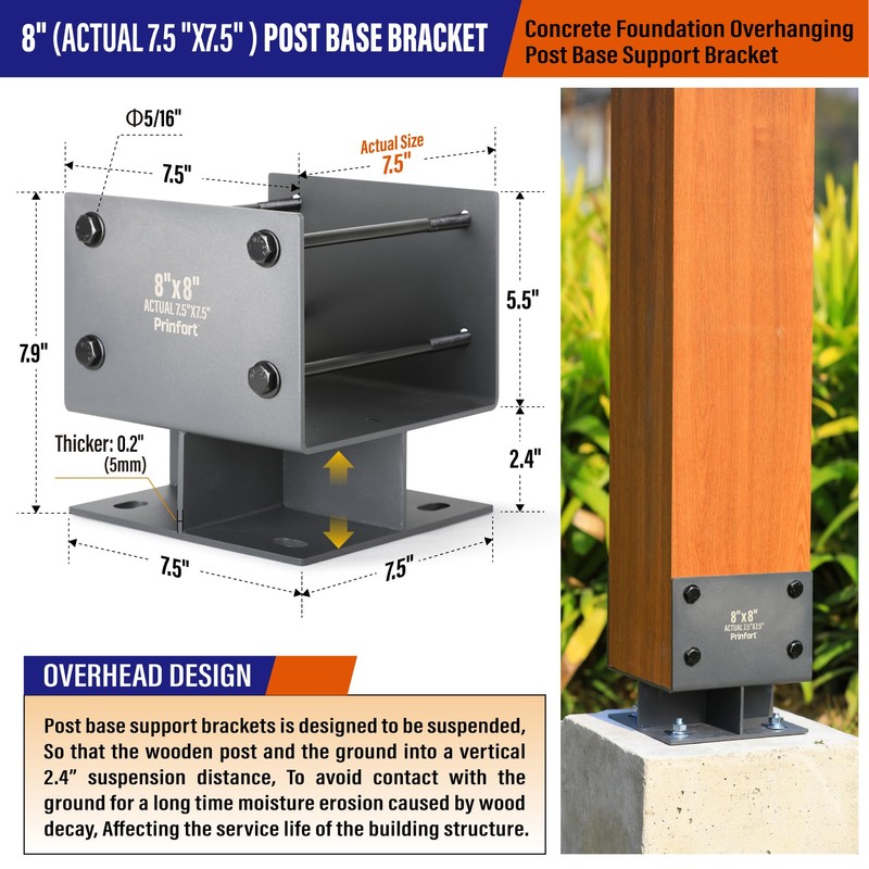 Stainless Steel 8"x8"(Actual 7.5"x7.5") Post Base Bracket Concrete, Dry Set