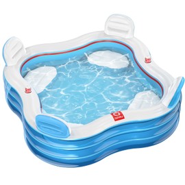 QPAU Inflatable Swimming Pool, Full-Sized Blow Up Pool with Seats and Backrests, Kiddie Pool for Outdoor & Backyard, for Family Summer Time Fun, Clear Blue