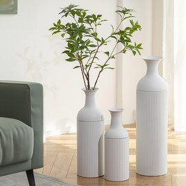 Sziqiqi White Tall Floor Vase: Large Ribbed Metal Floor Vases for Living Room 27/20/16in Modern Floor Vases for Pampas Grass Oversized Vase Floor Standing for Fireplace Home Corner Hallway Office