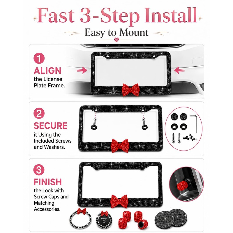 1 Pack Bling License Plate Frames for Women with Bow,