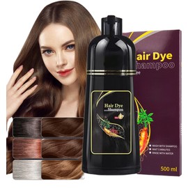 Champú de coloración instantánea, champú de coloración, cobertura de canas, tinte natural, champú 3 en 1（500ml，Marrón)