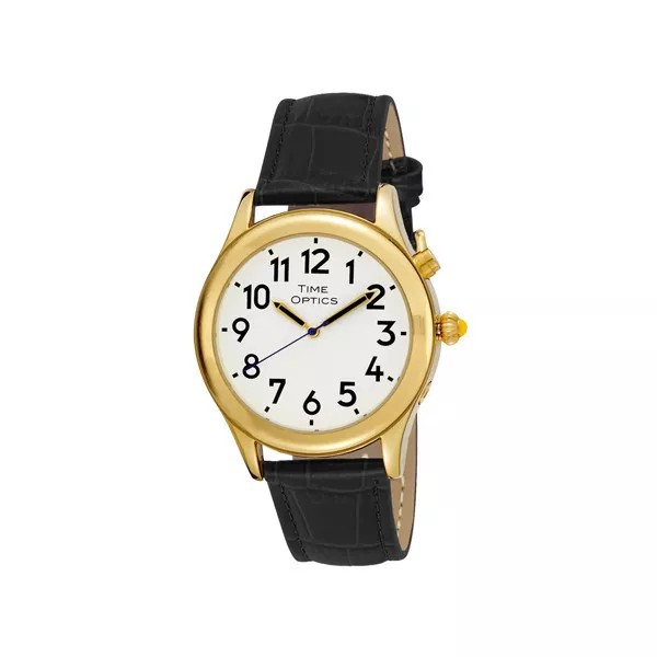 Time Optics TimeOptics Men's Talking Gold-Tone Day Date Alarm Leather