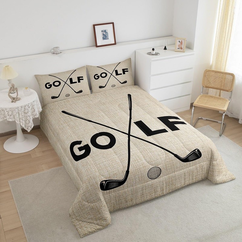 Golf Sports Bedding Set Queen Size Black Sketch Golf Ball
