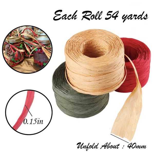 3 Rolls 50M Christmas Raffia Paper Ribbon,Natural Green Red Raffia