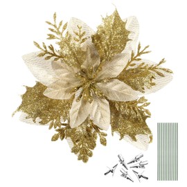 jojofuny 12Pcs Christmas Glitter Poinsettia Flowers, Christmas Tree Flower Decorations Artificial Flowers with Stems and Clips for Wedding Party Wreath (Golden)