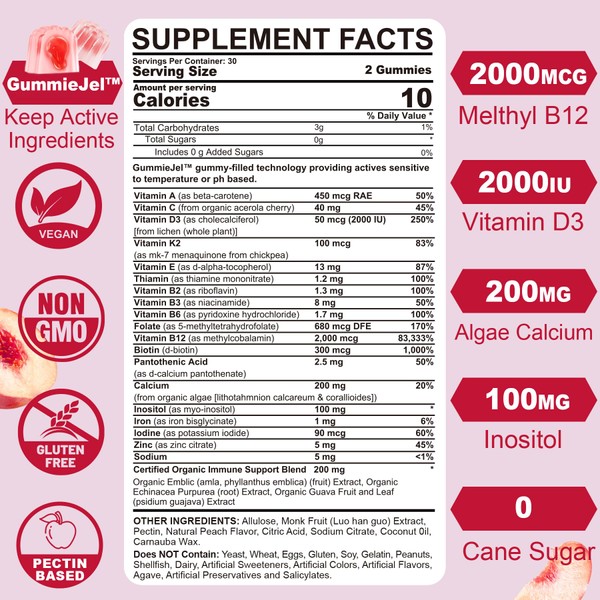 Nextdia Sugar-Free Methylated Multivitamin for Women Gummies, Algae Calcium, Vitamin