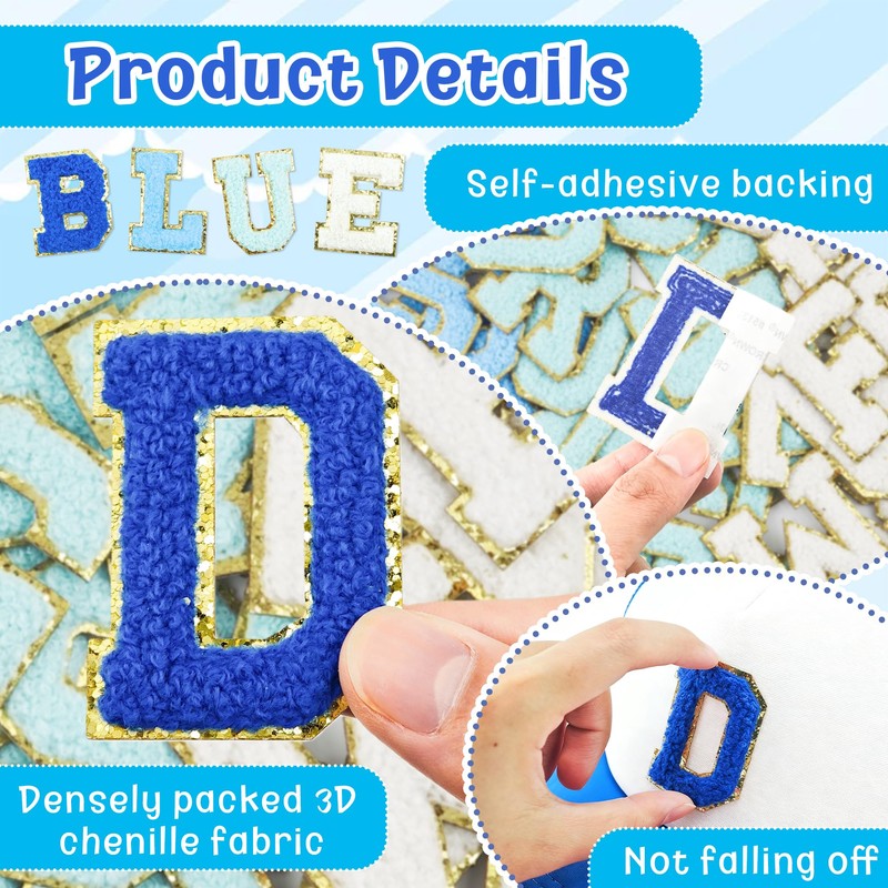 Self Adhesive Chenille Letters Patches 104PCS Blue Stick on Letter
