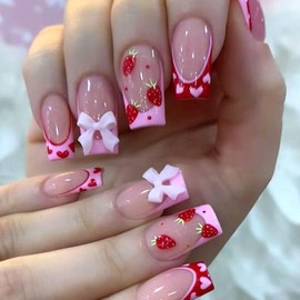 Valentine's Day Press on Nails Square Medium Fake Nails with Heart Bow Strawberry Designs Glossy Glue on Nails Pink Red French Tip Acrylic Nails Valentines False Nails Stick on Nails for Women 24Pcs