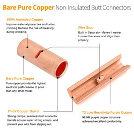 SVAAR 200PCS Non-Insulated Butt Connectors Kit 22-6 AWG Butt Splice Connector Pure Copper Butt Splice Wire Connectors for 6-22 Gauge Wire Crimp Butt Splices,Uninsulated Seamless Barrel Butt Terminals