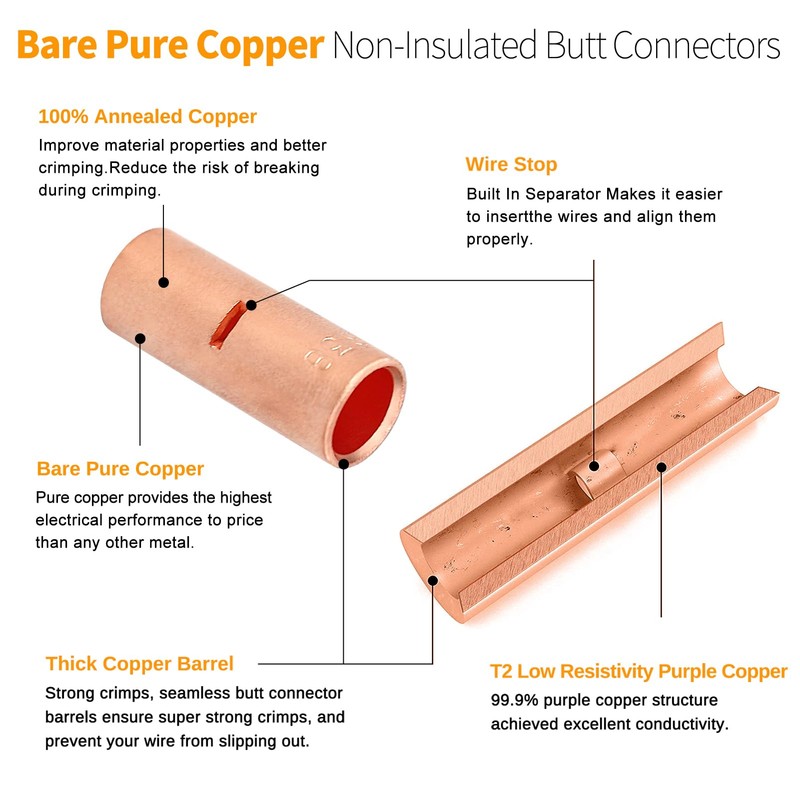 SVAAR 200PCS Non-Insulated Butt Connectors Kit 22-6 AWG Butt Splice
