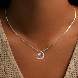 AIBELOPY Crescent Moon Blue Star Necklace for Women 925 Sterling Silver Dainty Cubic Zirconia Pendant Necklace Trendy Choker Necklace (Silver)