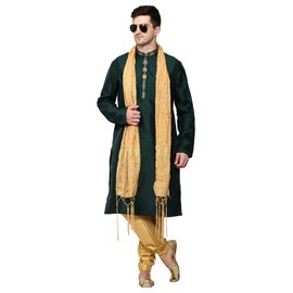 ITOS365 Men's Tunic Art Silk Kurta Pajama and Scarf Suit Set Indian Clothing Wedding Party Dress Gifts Items, Dark Green, Large-X-Large