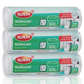 Bin Liners, 60 Litres, Particularly Tear-Resistant, Pack of 3, 60 Pieces (3 x 20 Pieces) Made of Recyclable Polyethylene (PE)