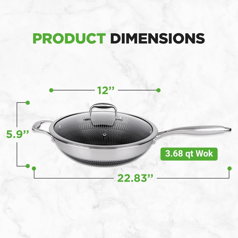 NutriChef 12" Stainless Steel Wok - Induction ready, Non Stick