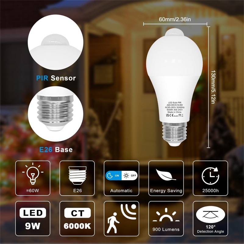 ORALUCE Motion Sensor Light Bulbs Indoor Outdoor 60 watt Equivalent,