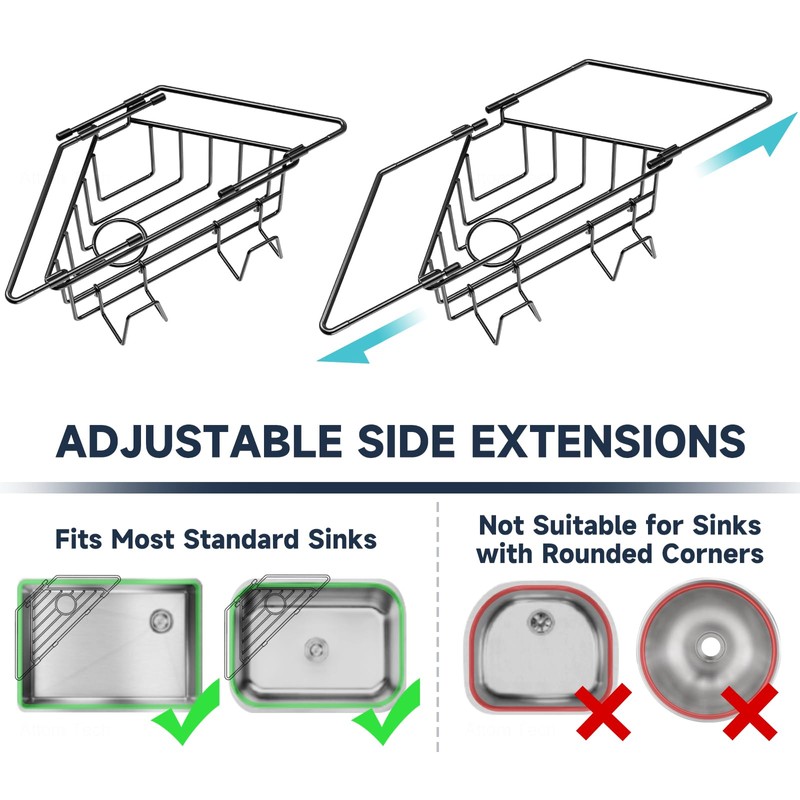 NiHome Extendable Arm Stainless Steel Kitchen Sink Corner Caddy, Easy