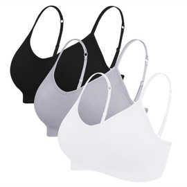 Vertvie Women’s Pack of 2 / 3 / 4 Basic Comfortable Sports Bras with Spaghetti Straps - No Underwire - Seamless Padded Bralette with Spaghetti Straps - Bra Top - Low Support Bra - Black/White/Light Grey, size: l