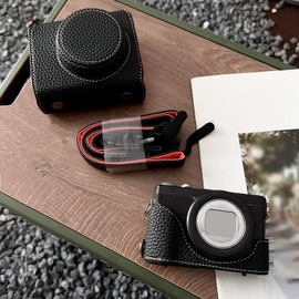 G7X II G7X III Case, Vintage Leather Camera Case with Opening Bottom Shoulder Strap for PowerShot G7 X Mark II/ G7 X Mark III Camera, Protective Case with Strap (Black)