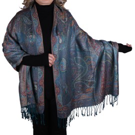 TZ Promise Pashmina Scarf with Vintage Tapestry Style Rainbow Luxury Paisley Pattern Wrap Shawl (Teal Multicolored)
